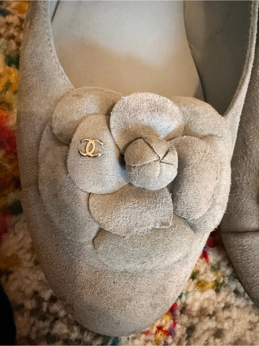 CHANEL Blue Suede Camellia Flats